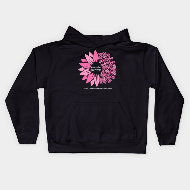 Breast cancer survivor with flower, hearts, ribbons & white type Kids Hoodie by Just Winging It Designs